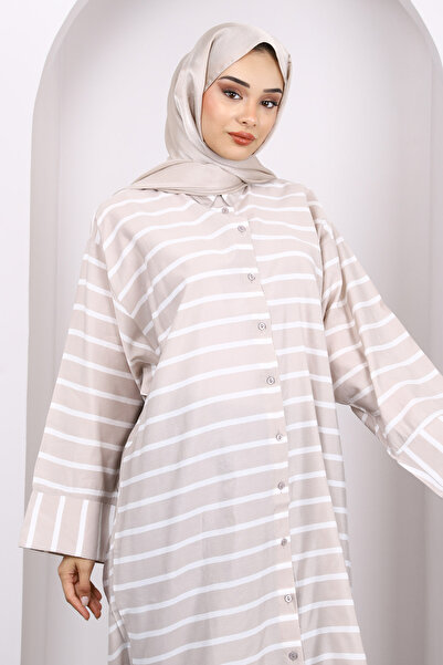 İmajButik Beige Bat Sleeve Striped Modal Tunic