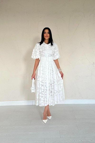 modamtn Ecru Belted Balloon Sleeve Dress