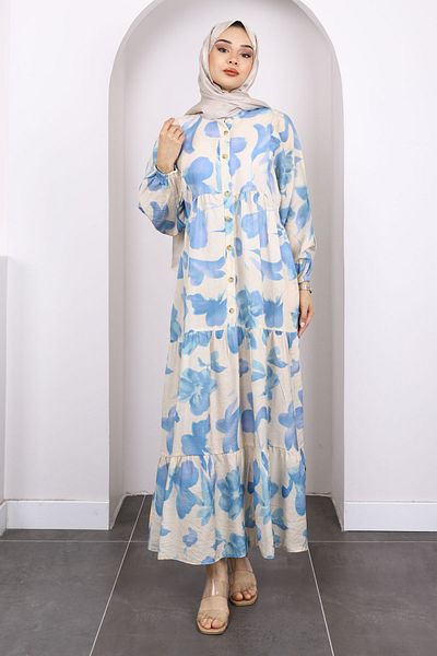 İmajButik Φόρεμα Indigo με μισό κουμπί με μοτίβο