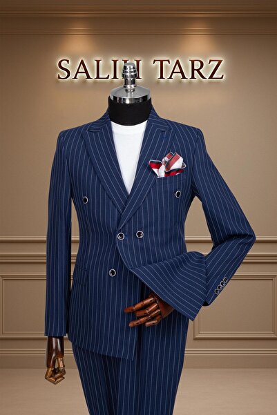 Salihtarzz Takım Elbise Kruvaze SlimFit Lacivert Çizgili SD42177