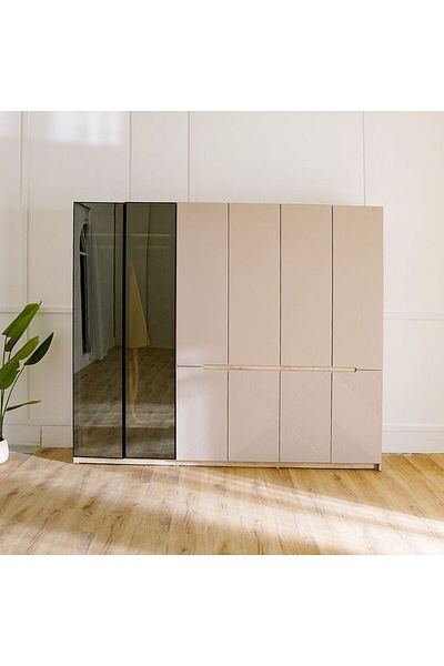 Danube Home Grand 6 Door Wardrobe with 2 Glass Doors and LED - Soft Beige L263.8xW55.4xH222cm