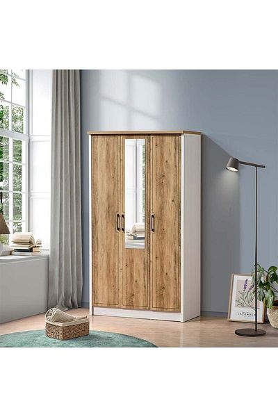 Danube Home Swann 3 Door Wardrobe with Mirror - Summer Oak/Pearl White L119xW55xH210cm
