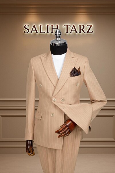 Salihtarzz Takım Elbise Kruvaze SlimFit Krem Çizgili SD42178