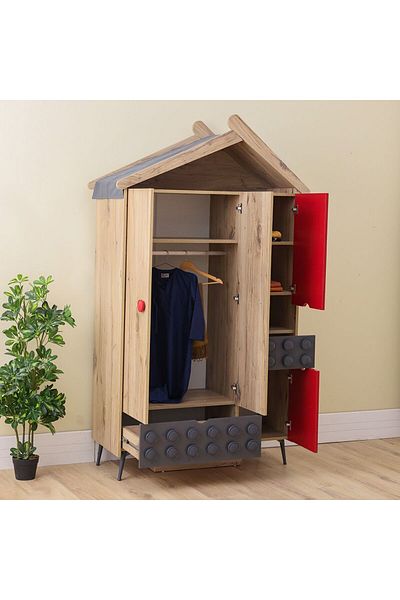 Danube Home Bricks 3 Door Wardrobe with 2 Drawers - Oak/Red/Grey L55.6xW221.1xH160.2cm