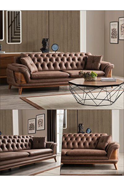 İnegöl Dizayn Deniz Retro 3'lü Koltuk (Kahverengi)