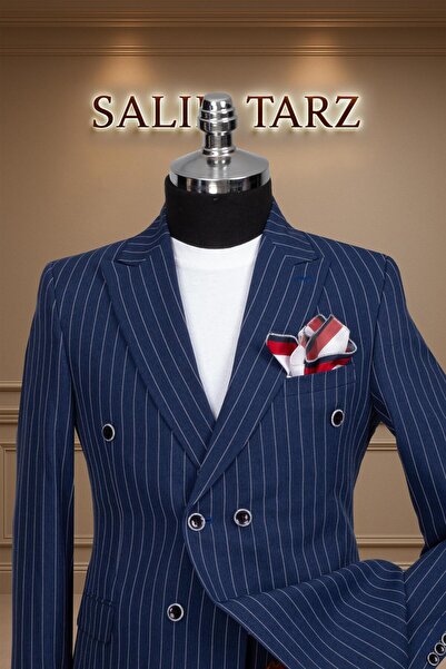 Salihtarzz Takım Elbise Kruvaze SlimFit Lacivert Çizgili SD42177