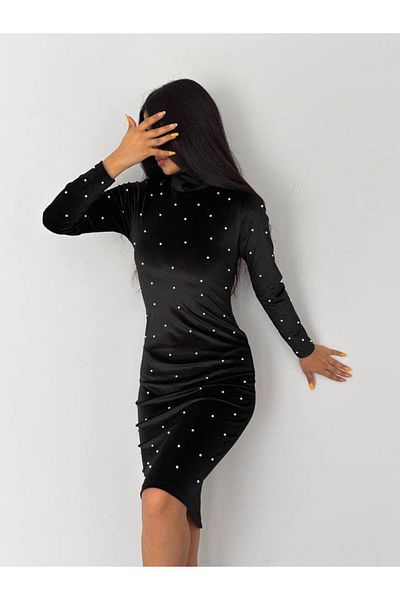 modamtn Women's Turtleneck Pearl Detail Deal Product Velvet Fabric Mini Dress