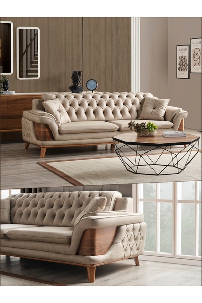 İnegöl Dizayn Deniz Retro 3'lü Koltuk (Krem)