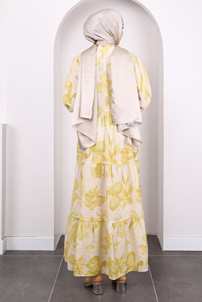 İmajButik Κίτρινο φόρεμα με μοτίβο με μισό κουμπί