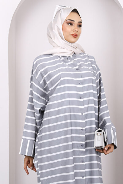 İmajButik Gray Bat Sleeve Striped Modal Tunic