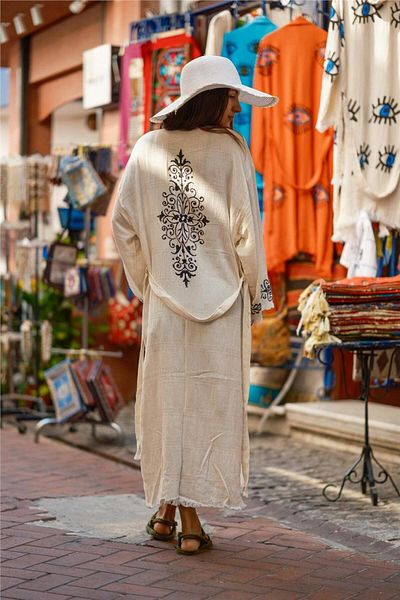 Miss Boheme Cream Color Black Tree Printed Kaftan