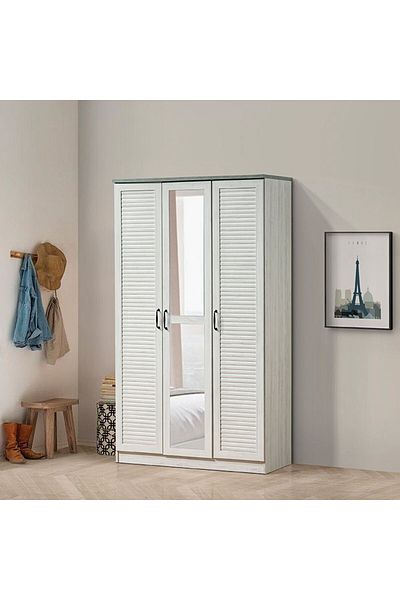 Danube Home Zenith 3 Door Wardrobe with Drawers & Mirror - White Oak/Cement L120xW55xH210cm