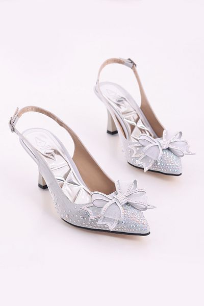 SHOESSHOPS Stylish Women's Heeled Shoes with Stone Bow Detail on the Front and Open Back