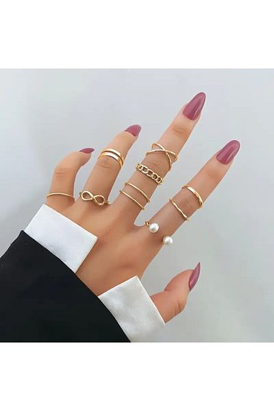 Perry Accesories 7 Pieces Gothic Style Teddy Bear and Butterfly Figured Snake and Flower Motif Adjustable Set Ring Set-304