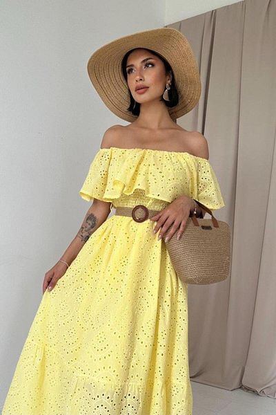 modamtn Yellow shoulder elastic brode dress