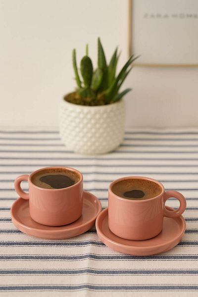 Anadolu Saray Elegant Salmon Colored Turkish Coffee Cup Set with 2 Plates – Modern and Stylish Presentation