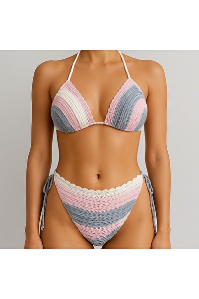 Muhtalif Markalar El Yapımı Örgü Üçgen Model Bikini Yazlık Plaj Takımı Pastel...