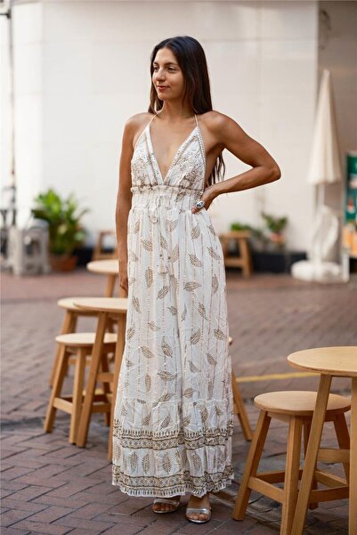 Miss Boheme Beyaz Renk Nakışlı Sim Detaylı Askılı İtalyan Elbise