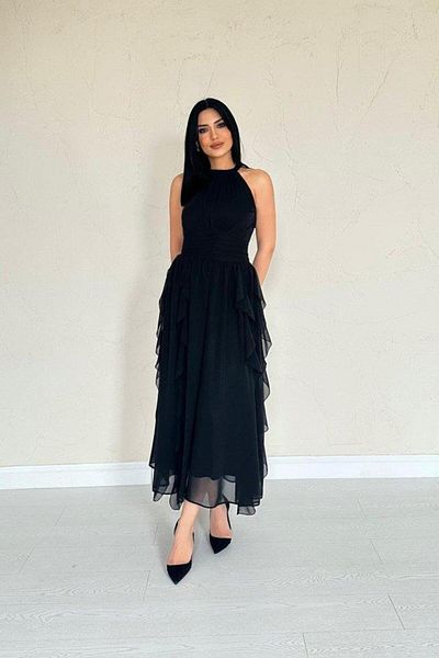 Cuyka Black Ruffled Dress with Shirred Front