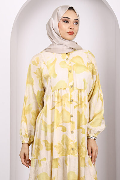İmajButik Κίτρινο φόρεμα με μοτίβο με μισό κουμπί