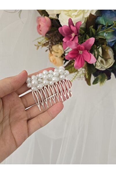 YÜSRAKSESUAR Tiară de mireasă cu perle de sticlă albă și cataramă festonată