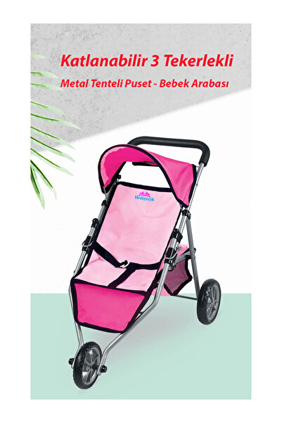 hediyecik Oyuncak Tenteli Metal Puset 3 Tekerlekli Bebek Arabası 55 Cm
