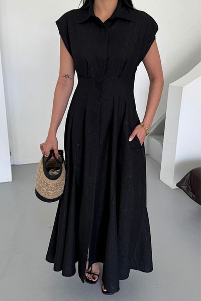 modamtn Jacquard linen dress with front slit pockets - black