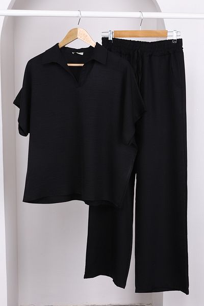 İmajButik Μαύρο πουκάμισο εκτός ώμου Λινό κοστούμι με παντελόνι