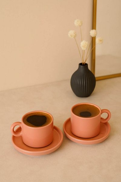 Anadolu Saray Elegant Salmon Colored Turkish Coffee Cup Set with 2 Plates – Modern and Stylish Presentation