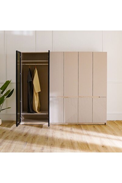 Danube Home Grand 6 Door Wardrobe with 2 Glass Doors and LED - Soft Beige L263.8xW55.4xH222cm