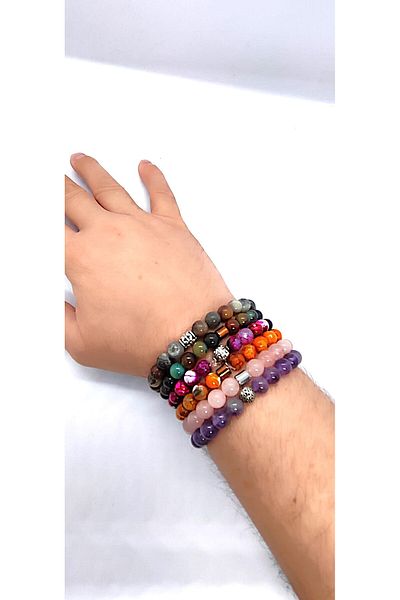 Lio20 Amethyst & Pink Quartz & 3 Pieces Agate & Jasper 6-Piece Natural Stone Bracelet Set Gift Accessory Combination