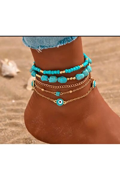 LUCKY ACCESSORIES Turquoise Multiple Natural Stone Anklet Set