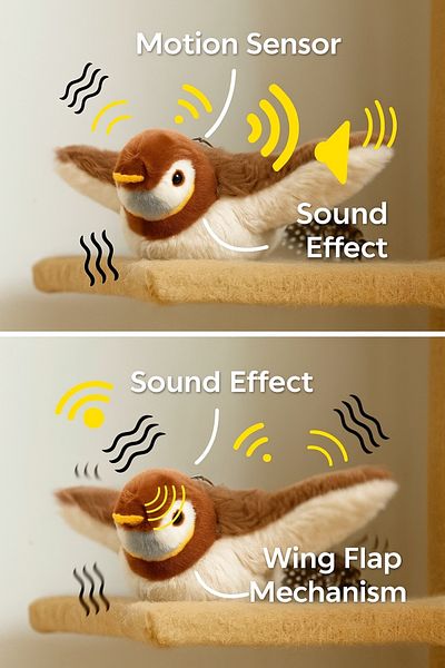 Busstier Touch Sound Flapping Wings Hangable Plush Bird Cat Toy Movable Interactive