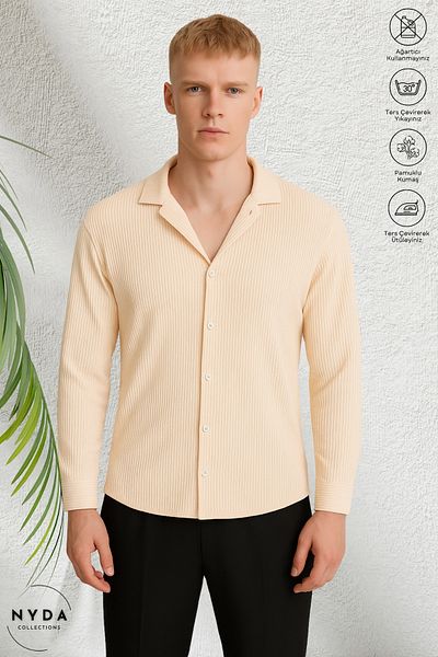 Nyda Collections Men's Corded Ottoman Fabric Lycra Seasonal Long Sleeve Shirt