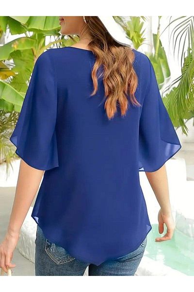 Moda Ebrar Γυναικεία μπλούζα σιφόν με κοντό μανίκι με στρογγυλή λαιμόκοψη