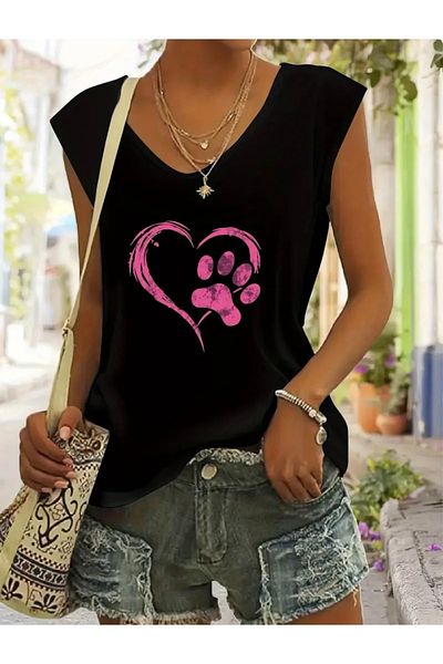 FUFLUNS Patili Heart Printed Women's Oversize Sleeveless T-Shirt