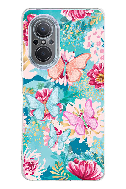 TechTree Huawei Nova 9 Se Uyumlu Kelebekler ve Çiçekler Şeffaf Silikon Kılıf