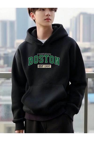 DEEPSENCE Hanorac unisex NEGRU oversize cu imprimeu BOSTON GREEN