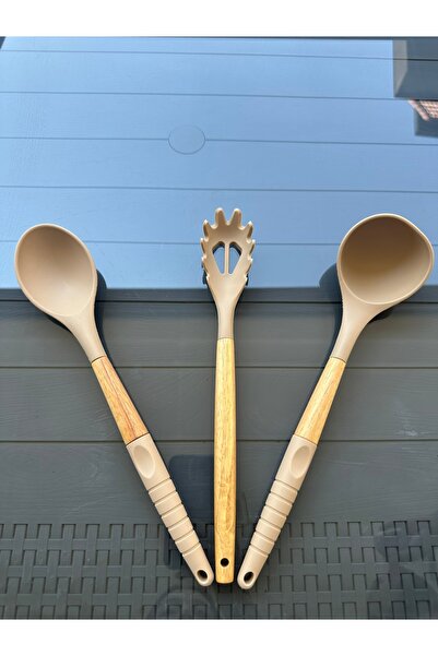 KODAL Silikon Ahşap Kaşık Kepçe Makarna Kaşığı Set 3'lü