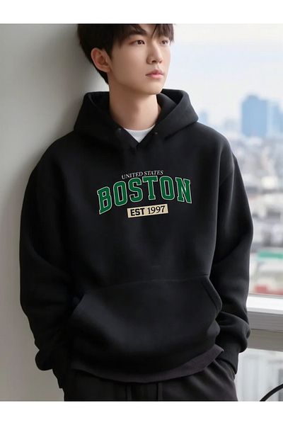 DEEPSENCE Hanorac unisex NEGRU oversize cu imprimeu BOSTON GREEN