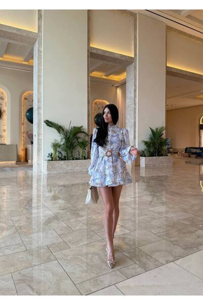 MSN Keten Kumaş Düğme Detaylı Elbise-Kemer Dahil -WW2716