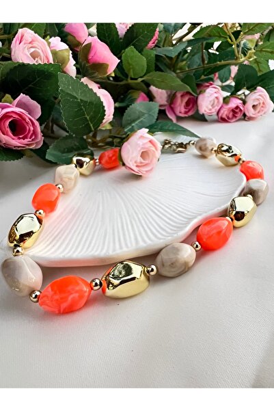 GIHANDMADE Women's Necklace Vivid Coral Colored Gold Detailed Marble Look Ele...
