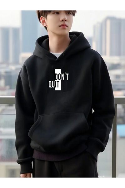 DEEPSENCE Hanorac negru oversized unisex cu glugă DONT QUIT BASKILI