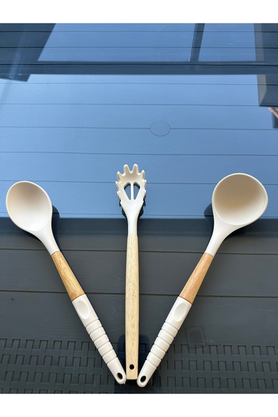 KODAL Silikon Ahşap Kaşık Kepçe Makarna Kaşığı Set 3'lü