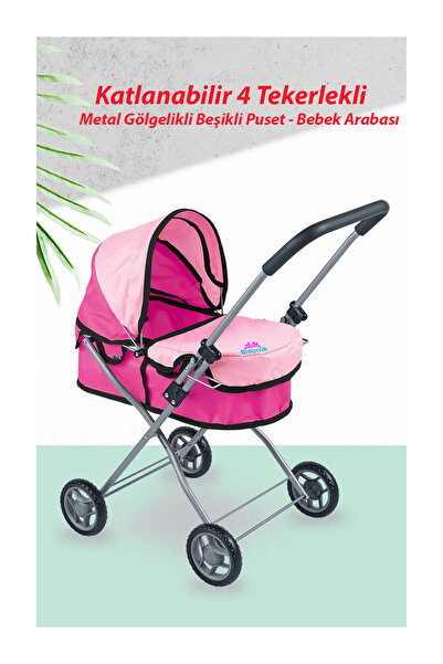hediyecik Oyuncak Beşikli Metal Puset 4 Tekerlekli Bebek Arabası 65 Cm