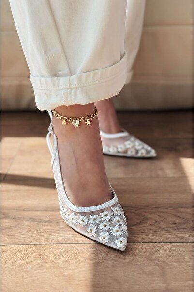 I Love Shoes Dasewi Tül Beyaz Papatya Desenli Stiletto