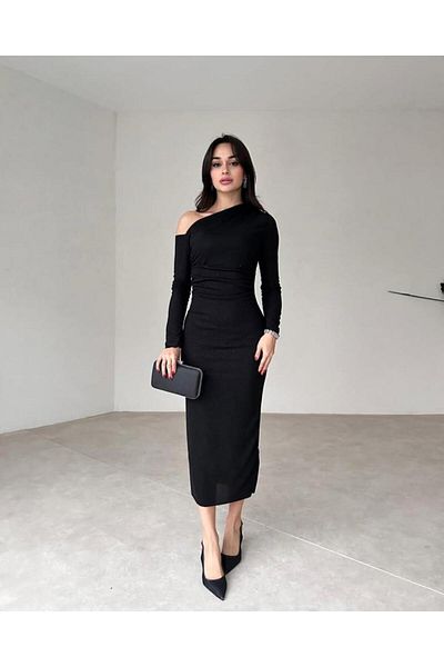 modamtn Women's Long Sleeve Off-The-Shoulder Lining Midi Length Tulle Dress