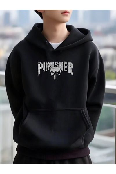 DEEPSENCE Hanorac unisex NEGRU oversize cu imprimeu PUNISHER