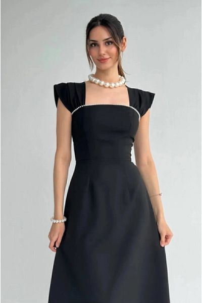 OLSAMODA Women's Atlas Fabric Midi Length Wedding Engagement Promise Invitation Dress with Pearl Detail at the Collar