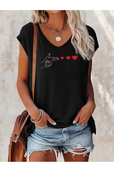 FUFLUNS تي شيرت نسائي بدون أكمام مطبوع على شكل قلب